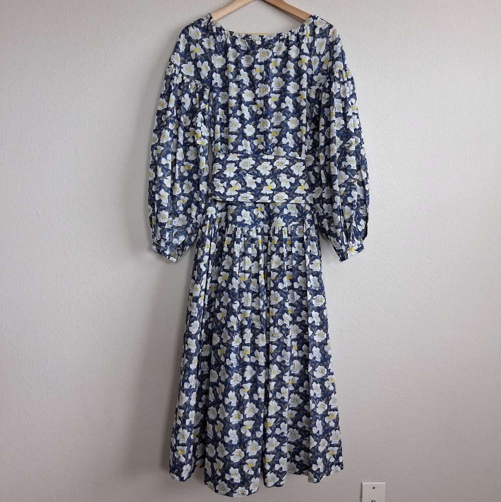 Aish Floral Block Print Balloon Sleeve Cotton Belted Maxi Dress - Picture 4 of 15